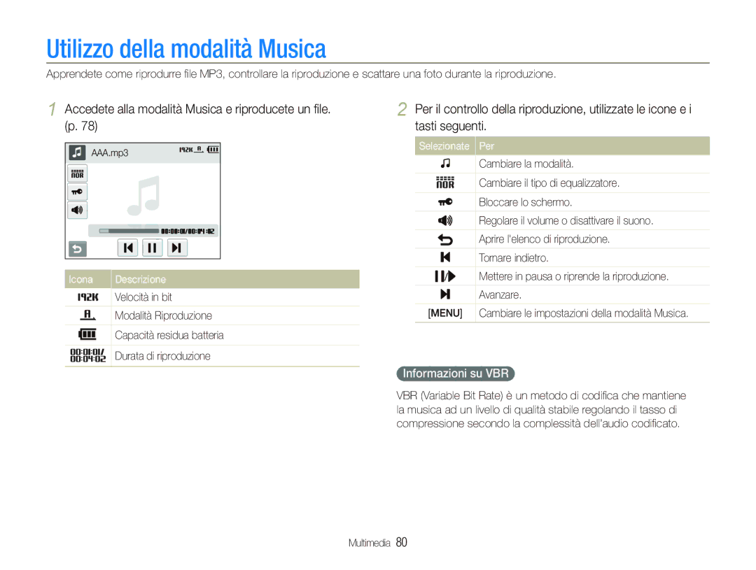 Samsung EC-ST10ZBBP/IT manual Utilizzo della modalità Musica, Accedete alla modalità Musica e riproducete un ﬁle. p 