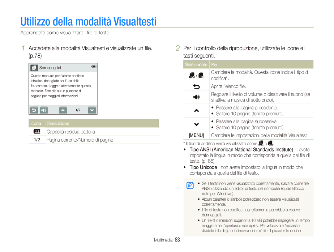 Samsung EC-ST10ZRBP/IT manual Utilizzo della modalità Visualtesti, Accedete alla modalità Visualtesti e visualizzate un ﬁle 