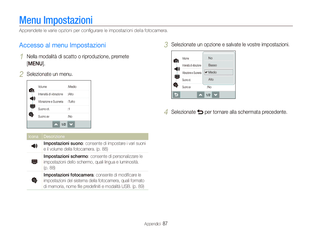 Samsung EC-ST10ZABA/IT Menu Impostazioni, Accesso al menu Impostazioni, Per tornare alla schermata precedente, Appendici 