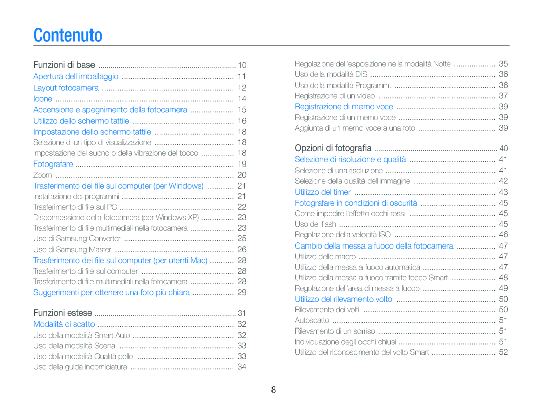 Samsung EC-ST10ZRBP/IT, EC-ST10ZSBP/IT, EC-ST10ZBBP/IT, EC-ST10ZSBA/IT, EC-ST10ZABA/IT manual Contenuto 