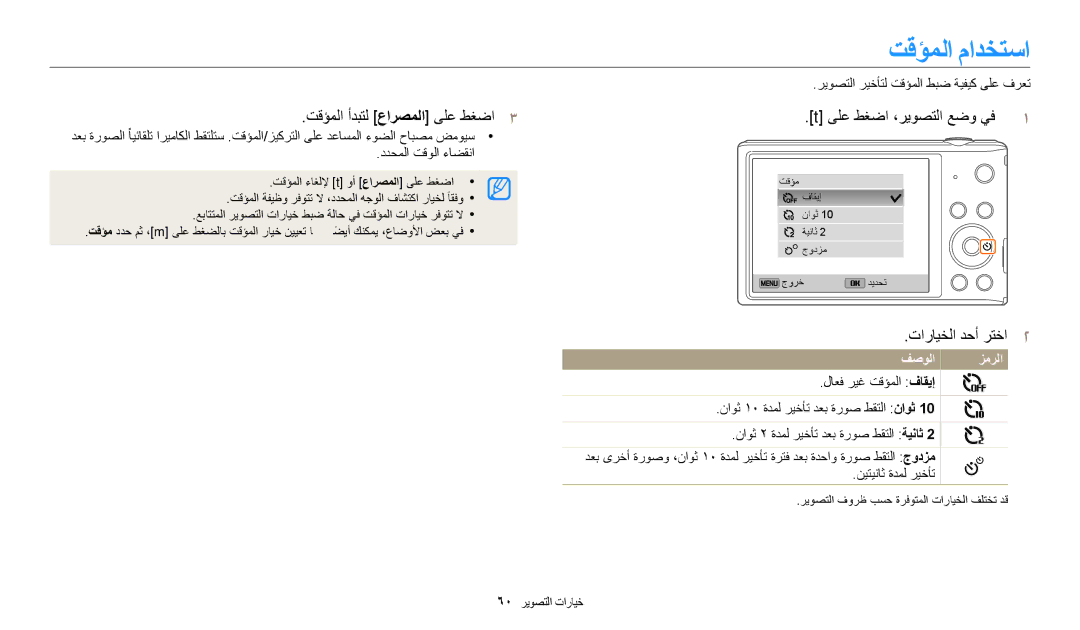 Samsung EC-ST150FDPWM3, EC-ST150FBDPSA, EC-ST72ZZBDWSA تقؤملا مادختسا, تقؤملا أدبتل عارصملا ىلع طغضا3, تارايخلا دحأ رتخا2 