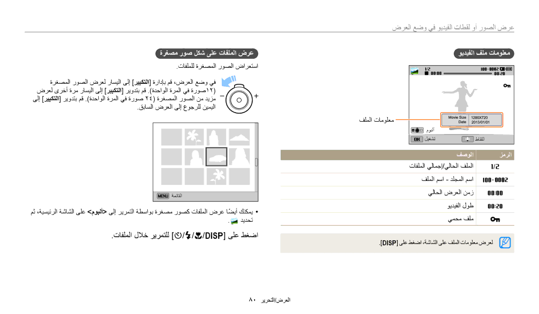 Samsung EC-ST150FDPWM3 تافلملا للاخ ريرمتلل t/F/c/D ىلع طغضا, عرض الصور أو لقطات الفيديو في وضع العرض, ويديفلا فلم تامولعم 