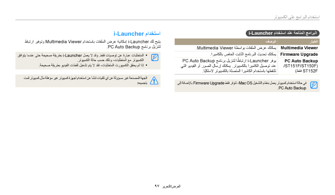 Samsung EC-ST150FBDBSA, EC-ST150FBDPSA manual استخدام البرامج على الكمبيوتر, Launcher مادختسا دنع ةحاتملا جماربلا 