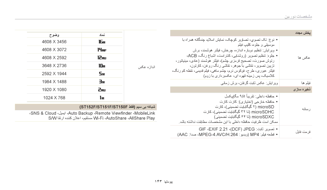 Samsung EC-ST150FBDSSA manual حوضو دامن, سکع هزادنا, 1984 X 1920 X 1024 X, ST152F/ST151F/ST150F طقف ميس یب هکبش, یزاس هريخذ 