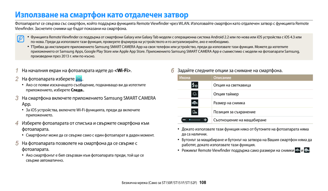 Samsung EC-ST72ZZBPBE3 manual Използване на смартфон като отдалечен затвор, Задайте следните опции за снимане на смартфона 