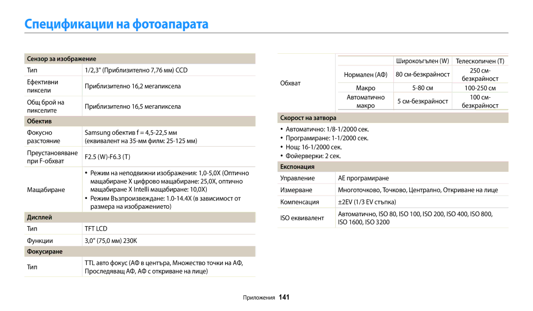 Samsung EC-ST72ZZBPRE3, EC-ST150FBPWE3, EC-ST72ZZBPLE3, EC-ST150FBPSE3, EC-ST72ZZBPBE3 manual Спецификации на фотоапарата 