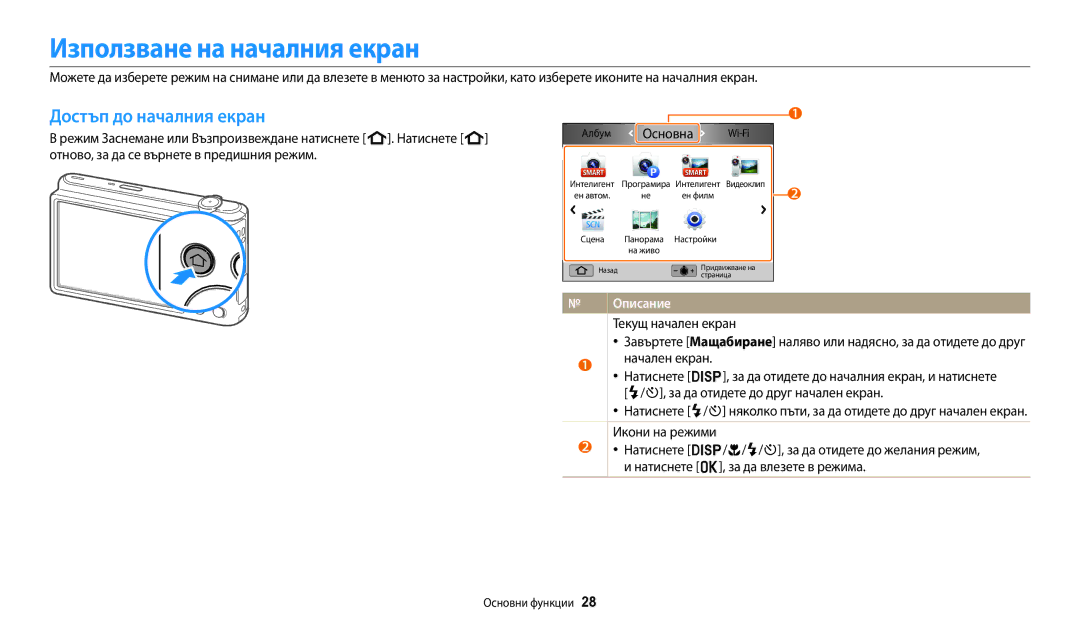 Samsung EC-ST72ZZBPLE3 Използване на началния екран, Достъп до началния екран, Отново, за да се върнете в предишния режим 