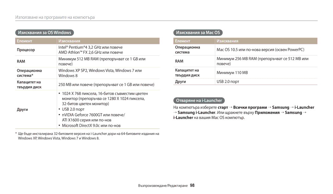 Samsung EC-ST72ZZBPLE3 manual Изисквания за OS Windows, Изисквания за Mac OS, Отваряне на i-Launcher, Елемент Изисквания 