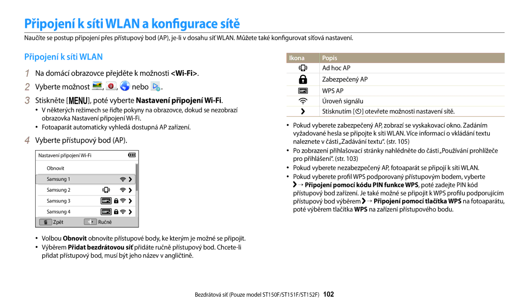 Samsung EC-ST150FBPPE3, EC-ST150FBPWE3, EC-ST72ZZBPLE3 Připojení k síti Wlan a konfigurace sítě, Vyberte přístupový bod AP 