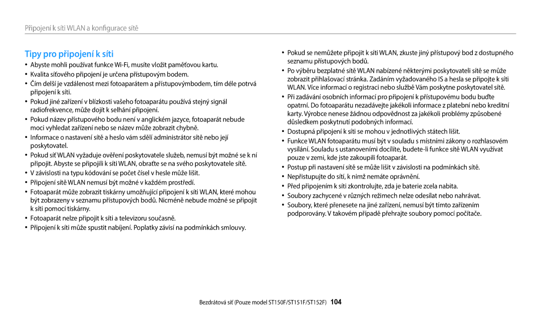 Samsung EC-ST72ZZBPLE3, EC-ST150FBPWE3, EC-ST72ZZBPRE3, EC-ST150FBPSE3, EC-ST72ZZBPBE3 manual Tipy pro připojení k síti 