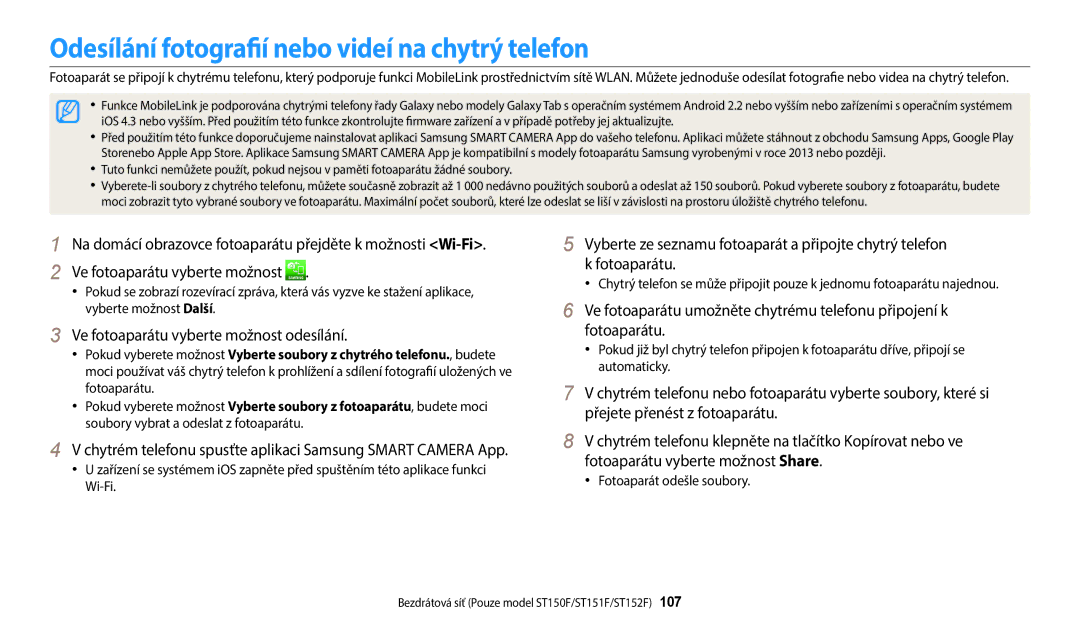 Samsung EC-ST72ZZBPBE3 manual Odesílání fotografií nebo videí na chytrý telefon, Ve fotoaparátu vyberte možnost odesílání 