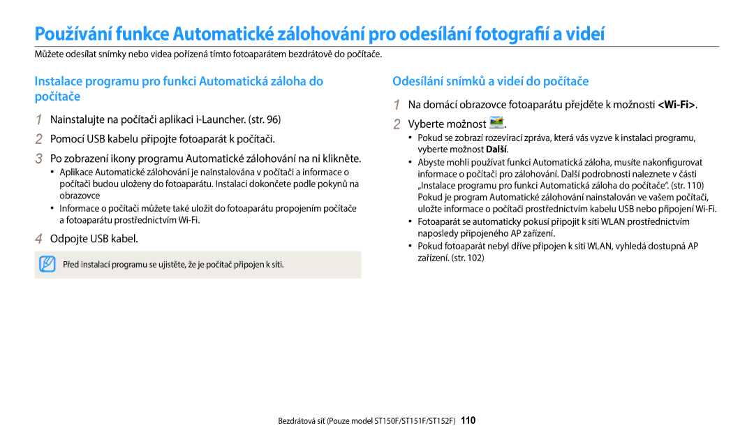 Samsung EC-ST150FBPPE3 Instalace programu pro funkci Automatická záloha do počítače, Odesílání snímků a videí do počítače 