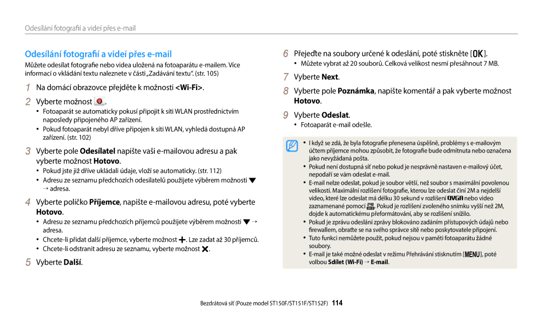 Samsung EC-ST150FBPSE3 manual Přes e-mail, Vyberte Next Na domácí obrazovce přejděte k možnosti Wi-Fi, Vyberte Odeslat 