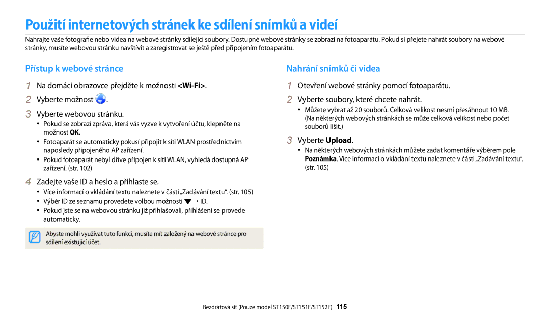 Samsung EC-ST72ZZBPBE3 Použití internetových stránek ke sdílení snímků a videí, Přístup k webové stránce, Vyberte Upload 