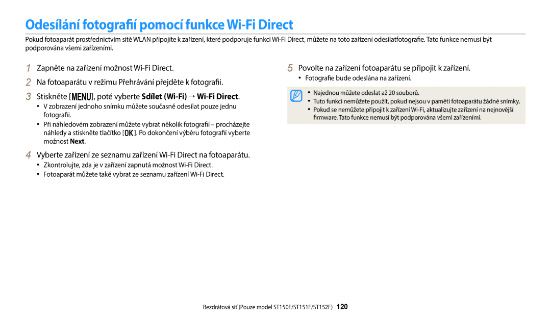 Samsung EC-ST72ZZBPLE3 manual Odesílání fotografií pomocí funkce Wi-Fi Direct, Zapněte na zařízení možnost Wi-Fi Direct 