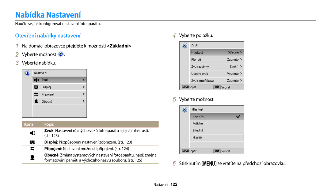 Samsung EC-ST150FBPSE3, EC-ST150FBPWE3, EC-ST72ZZBPLE3 manual Nabídka Nastavení, Otevření nabídky nastavení, Vyberte položku 
