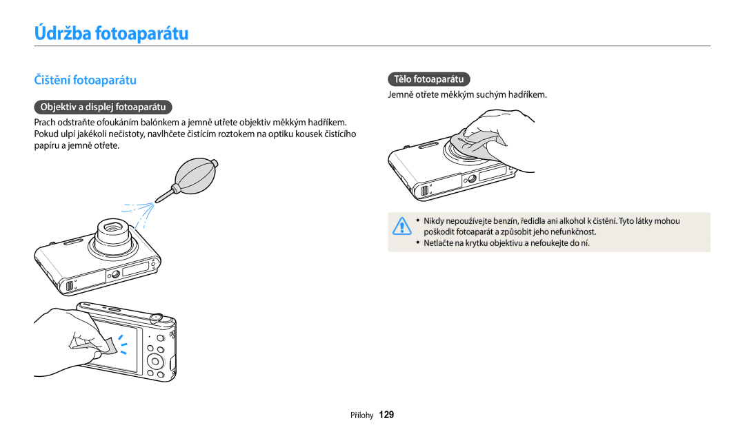 Samsung EC-ST72ZZBPRE3 manual Údržba fotoaparátu, Čištění fotoaparátu, Objektiv a displej fotoaparátu, Tělo fotoaparátu 