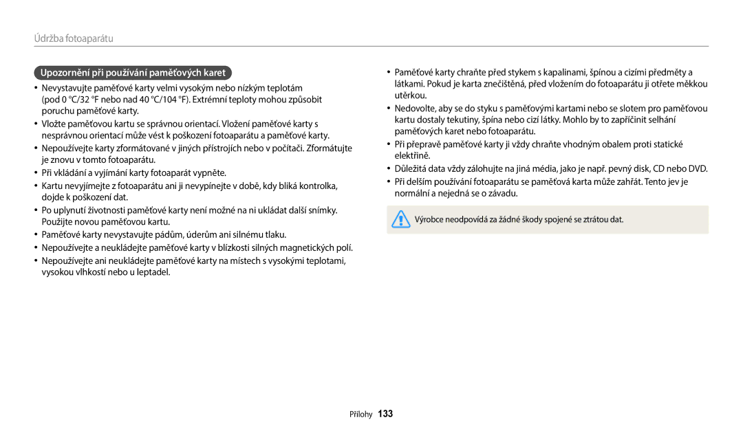 Samsung EC-ST72ZZBPWE3, EC-ST150FBPWE3, EC-ST72ZZBPLE3, EC-ST72ZZBPRE3 manual Upozornění při používání paměťových karet 