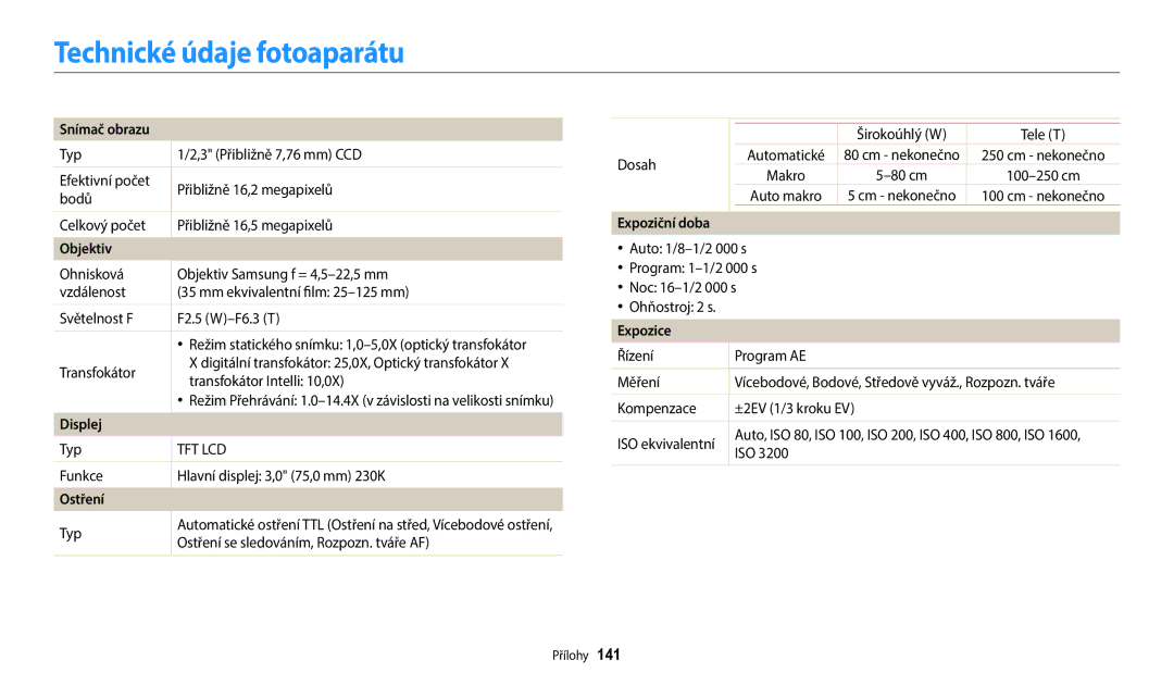 Samsung EC-ST72ZZBPWE3, EC-ST150FBPWE3, EC-ST72ZZBPLE3, EC-ST72ZZBPRE3, EC-ST150FBPSE3 manual Technické údaje fotoaparátu 