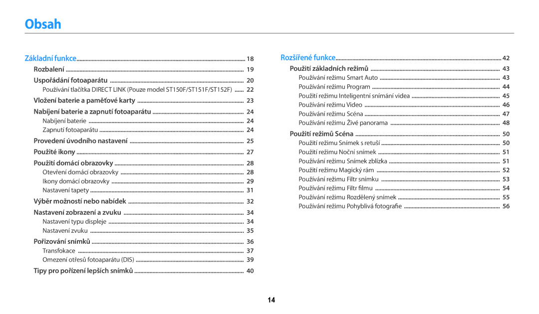 Samsung EC-ST150FBPPE3, EC-ST150FBPWE3, EC-ST72ZZBPLE3, EC-ST72ZZBPRE3 manual Obsah, Nabíjení baterie a zapnutí fotoaparátu 