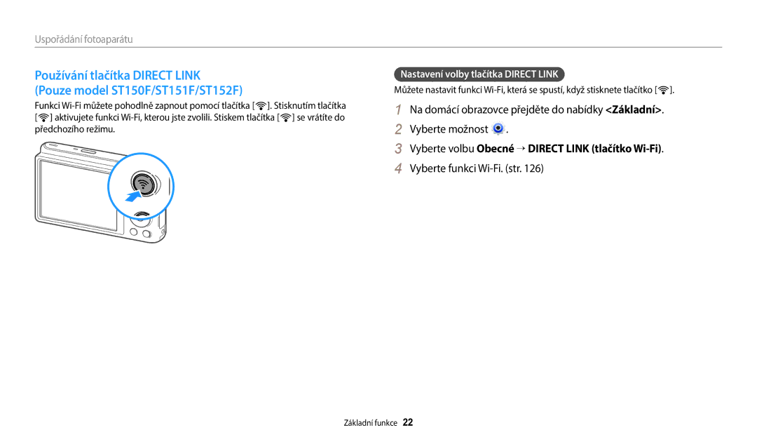 Samsung EC-ST150FBPPE3, EC-ST150FBPWE3 manual Vyberte volbu Obecné → Direct Link tlačítko Wi-Fi, Vyberte funkci Wi-Fi. str 