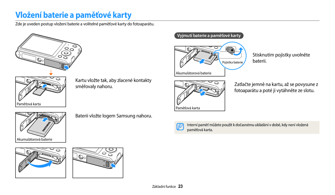 Samsung EC-ST150FBPWE3, EC-ST72ZZBPLE3 manual Vložení baterie a paměťové karty, Stisknutím pojistky uvolněte baterii 