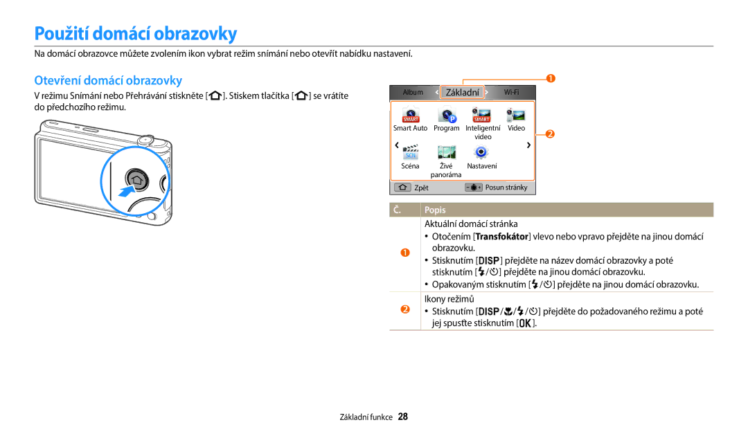 Samsung EC-ST150FBPBE3, EC-ST150FBPWE3, EC-ST72ZZBPLE3 manual Použití domácí obrazovky, Otevření domácí obrazovky, Základní 