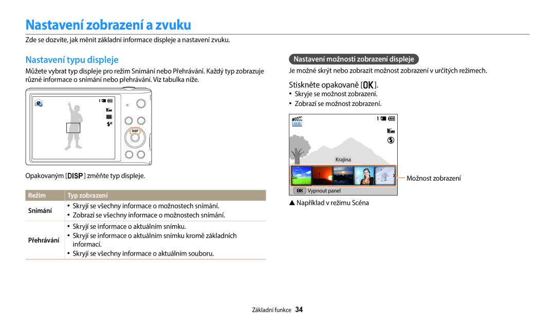 Samsung EC-ST150FBPSE3 manual Nastavení zobrazení a zvuku, Nastavení typu displeje, Stiskněte opakovaně o, Snímání 