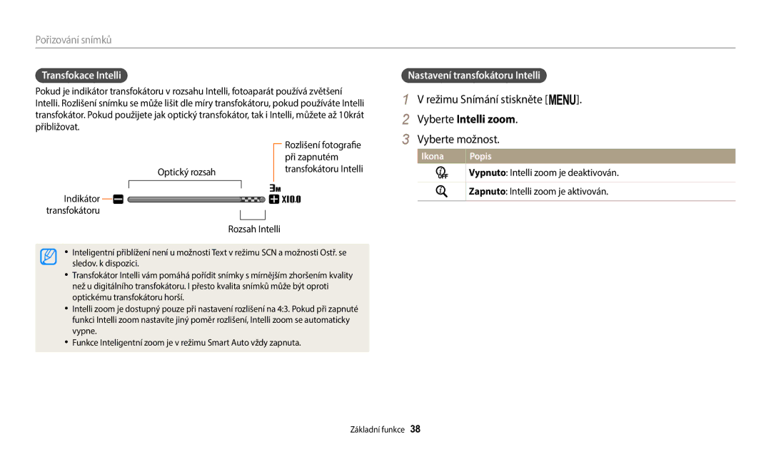 Samsung EC-ST150FBPPE3, EC-ST150FBPWE3 manual Režimu Snímání stiskněte m, Vyberte Intelli zoom, Transfokace Intelli 