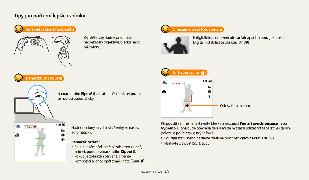 Samsung EC-ST72ZZBPLE3 manual Správné držení fotoaparátu, Namáčknutí spouště, Omezení otřesů fotoaparátu, Je-li zobrazeno 