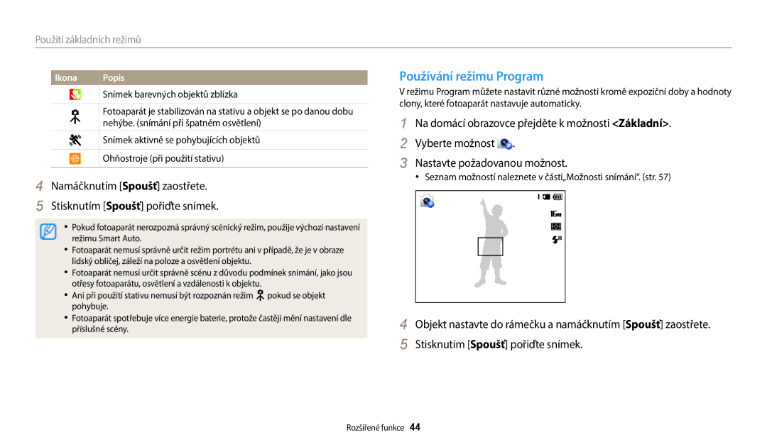 Samsung EC-ST150FBPBE3, EC-ST150FBPWE3 manual Používání režimu Program, Na domácí obrazovce přejděte k možnosti Základní 