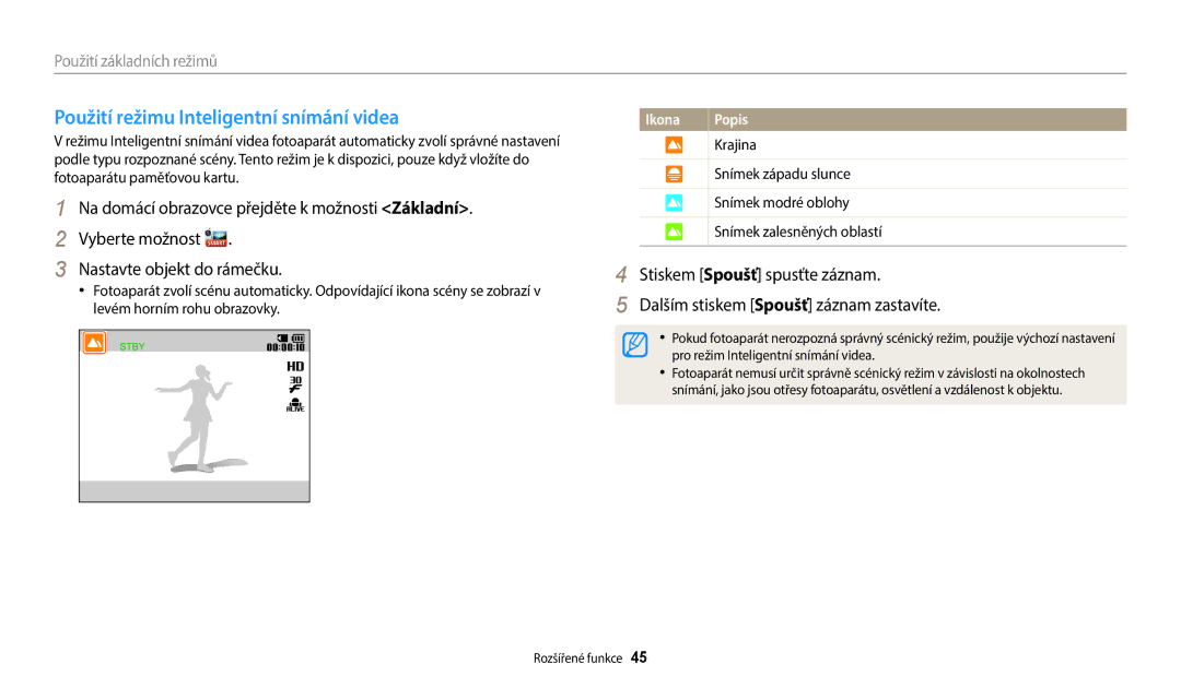Samsung EC-ST72ZZBPWE3, EC-ST150FBPWE3, EC-ST72ZZBPLE3, EC-ST72ZZBPRE3 manual Použití režimu Inteligentní snímání videa 