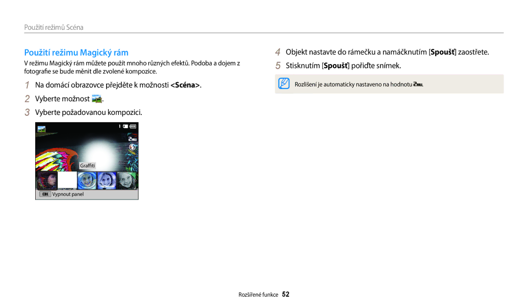 Samsung EC-ST150FBPBE3, EC-ST150FBPWE3, EC-ST72ZZBPLE3, EC-ST72ZZBPRE3, EC-ST150FBPSE3 manual Použití režimu Magický rám 