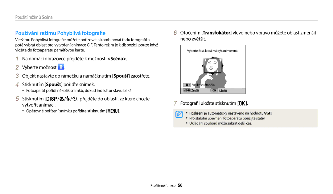 Samsung EC-ST72ZZBPLE3, EC-ST150FBPWE3 manual Používání režimu Pohyblivá fotografie, Fotografii uložíte stisknutím o 