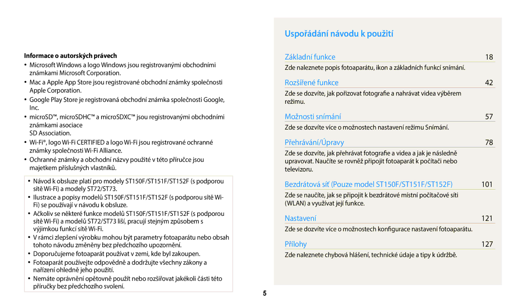 Samsung EC-ST72ZZBPWE3, EC-ST150FBPWE3 manual Uspořádání návodu k použití, 101, 121, 127, Informace o autorských právech 