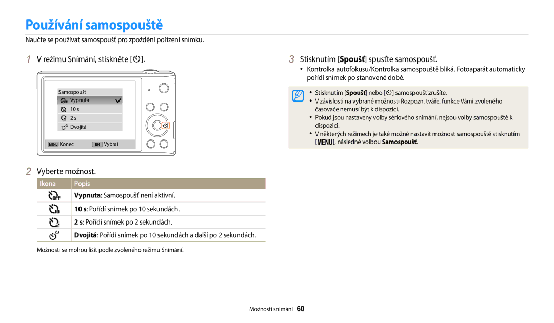 Samsung EC-ST150FBPBE3 manual Používání samospouště, Režimu Snímání, stiskněte t, Stisknutím Spoušť spusťte samospoušť 