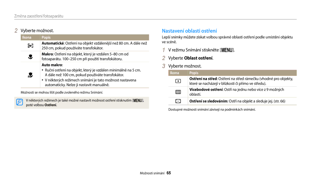 Samsung EC-ST72ZZBPRE3, EC-ST150FBPWE3 manual Nastavení oblasti ostření, Vyberte Oblast ostření, Auto makro, Oblastí 