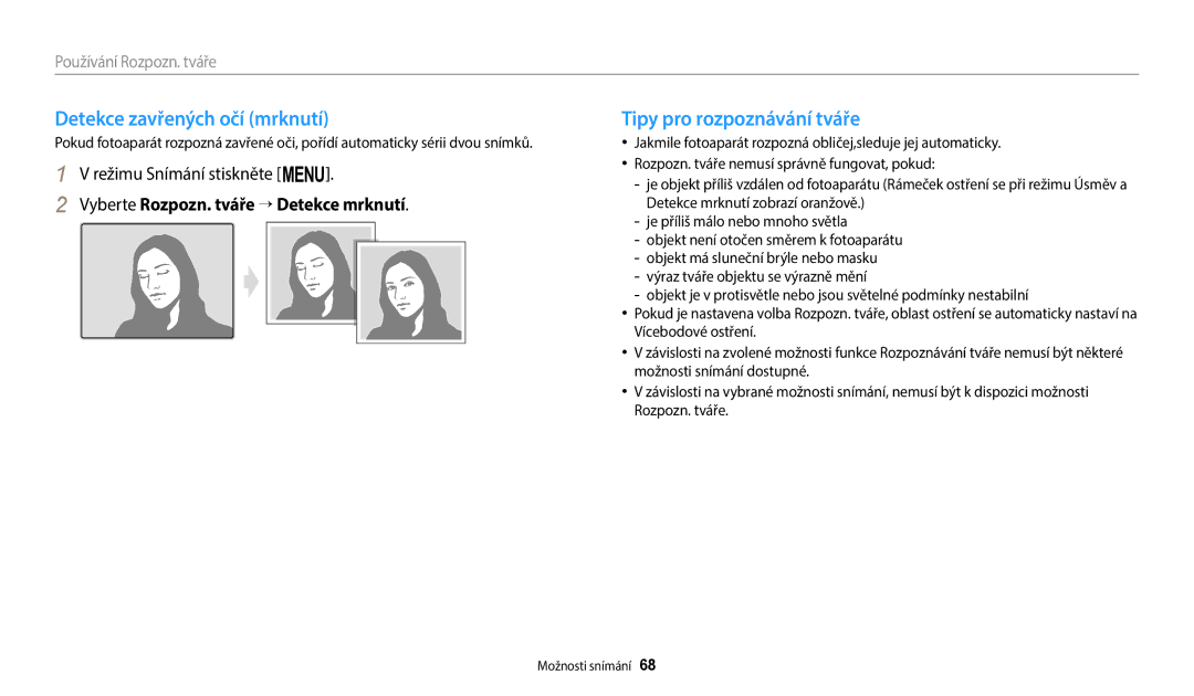 Samsung EC-ST150FBPBE3, EC-ST150FBPWE3, EC-ST72ZZBPLE3 manual Detekce zavřených očí mrknutí, Tipy pro rozpoznávání tváře 