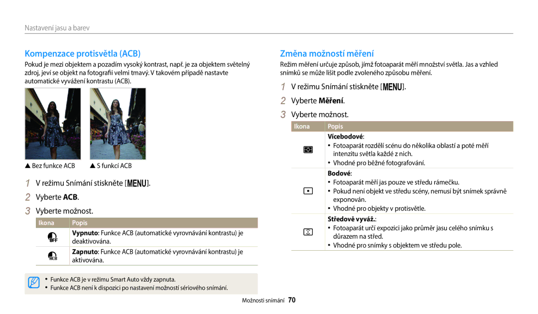 Samsung EC-ST150FBPPE3, EC-ST150FBPWE3, EC-ST72ZZBPLE3, EC-ST72ZZBPRE3 Kompenzace protisvětla ACB, Změna možností měření 