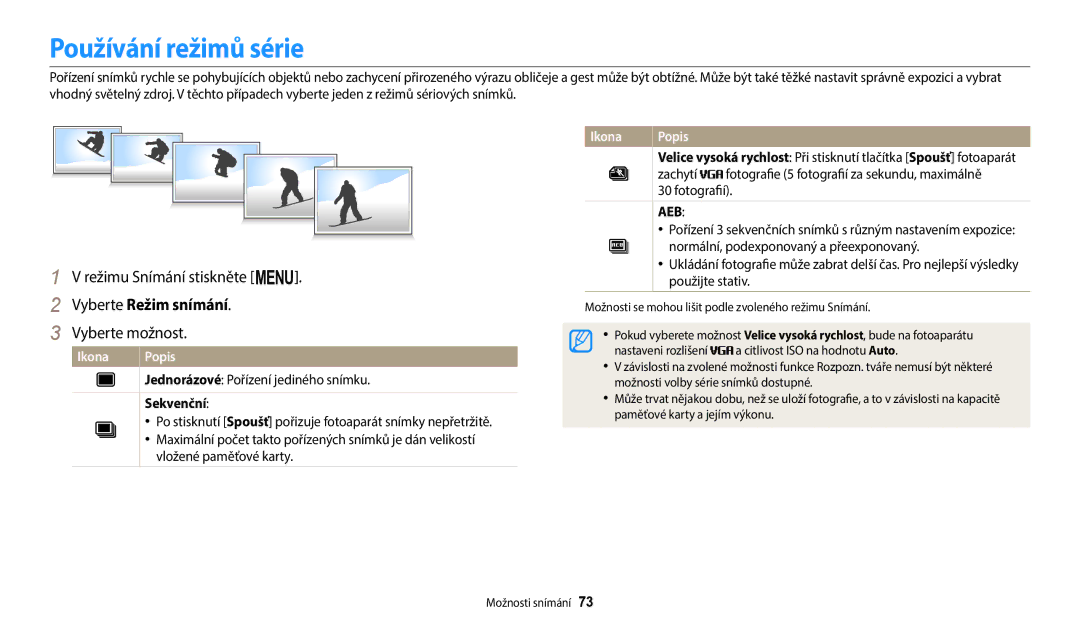 Samsung EC-ST72ZZBPRE3, EC-ST150FBPWE3 manual Používání režimů série, Vyberte Režim snímání, Sekvenční, Zachytí, Fotografií 