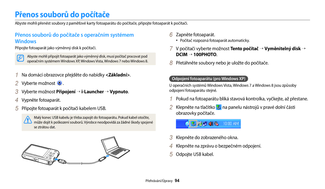 Samsung EC-ST150FBPPE3 Přenos souborů do počítače s operačním systémem Windows, Odpojení fotoaparátu pro Windows XP 