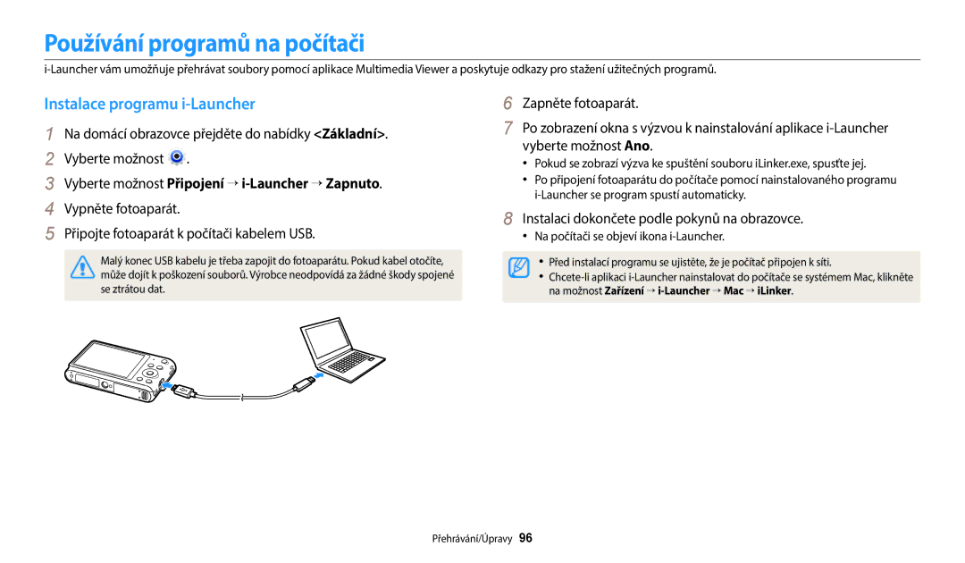 Samsung EC-ST72ZZBPLE3, EC-ST150FBPWE3, EC-ST72ZZBPRE3 manual Používání programů na počítači, Instalace programu i-Launcher 