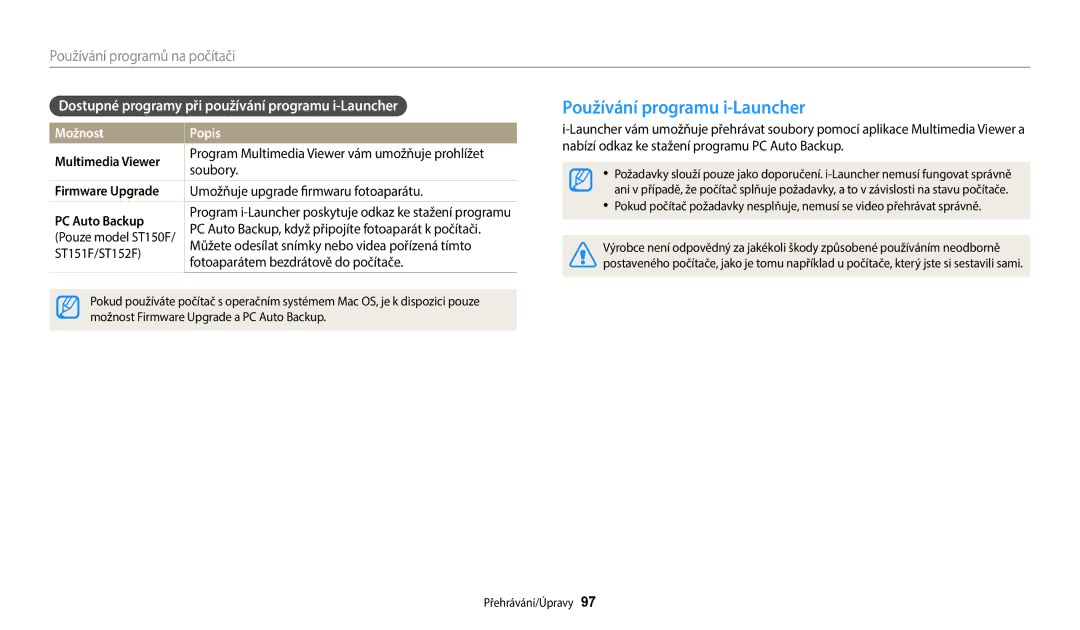 Samsung EC-ST72ZZBPRE3 Používání programu i-Launcher, Dostupné programy při používání programu i-Launcher, PC Auto Backup 