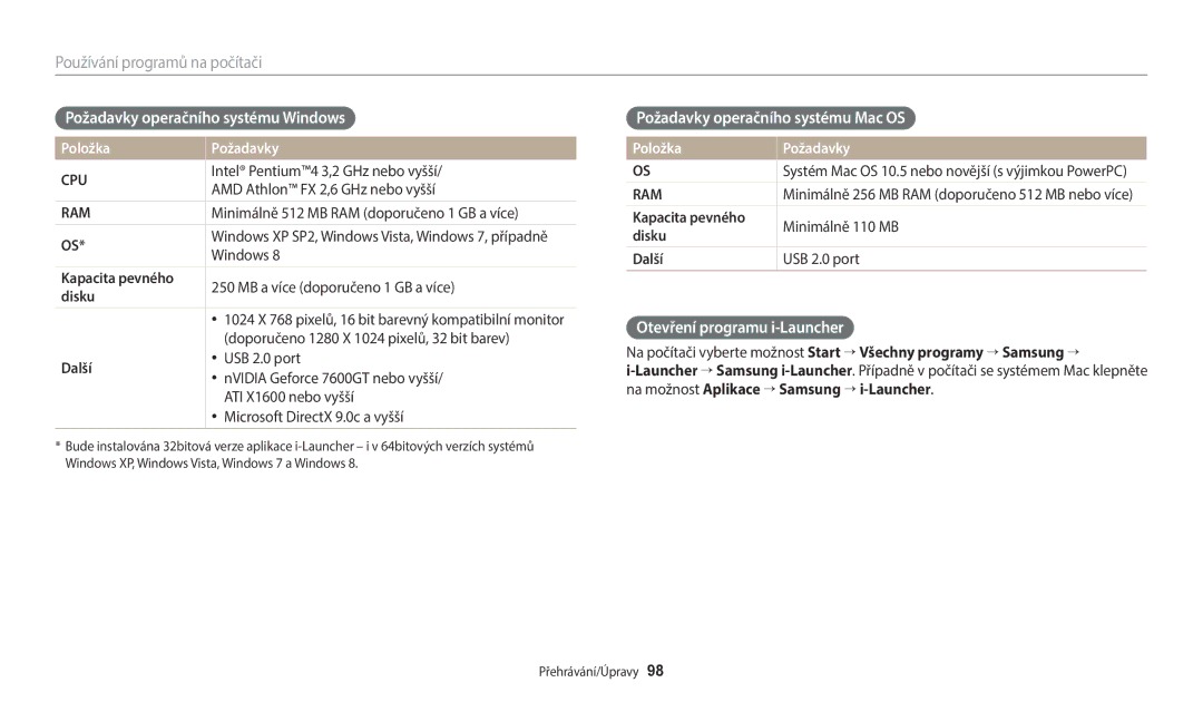 Samsung EC-ST150FBPSE3, EC-ST150FBPWE3 manual Požadavky operačního systému Windows, Požadavky operačního systému Mac OS 