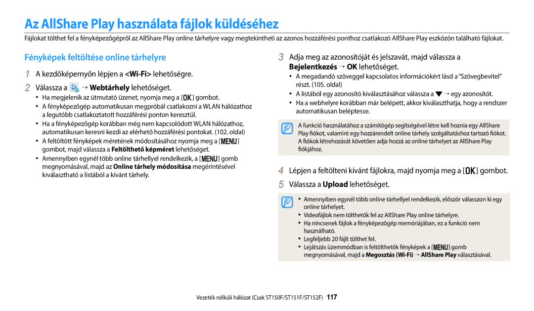 Samsung EC-ST72ZZBPWE3 manual Az AllShare Play használata fájlok küldéséhez, Fényképek feltöltése online tárhelyre 