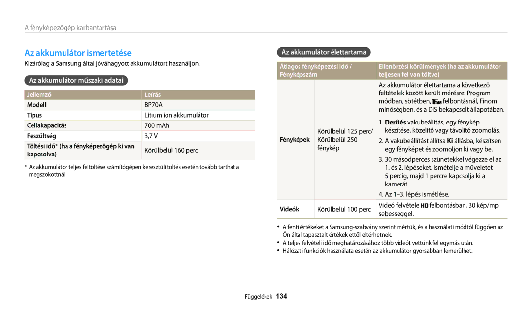 Samsung EC-ST150FBPBE2, EC-ST150FBPWE3, EC-ST72ZZBPLE3 manual Az akkumulátor ismertetése, Az akkumulátor műszaki adatai 