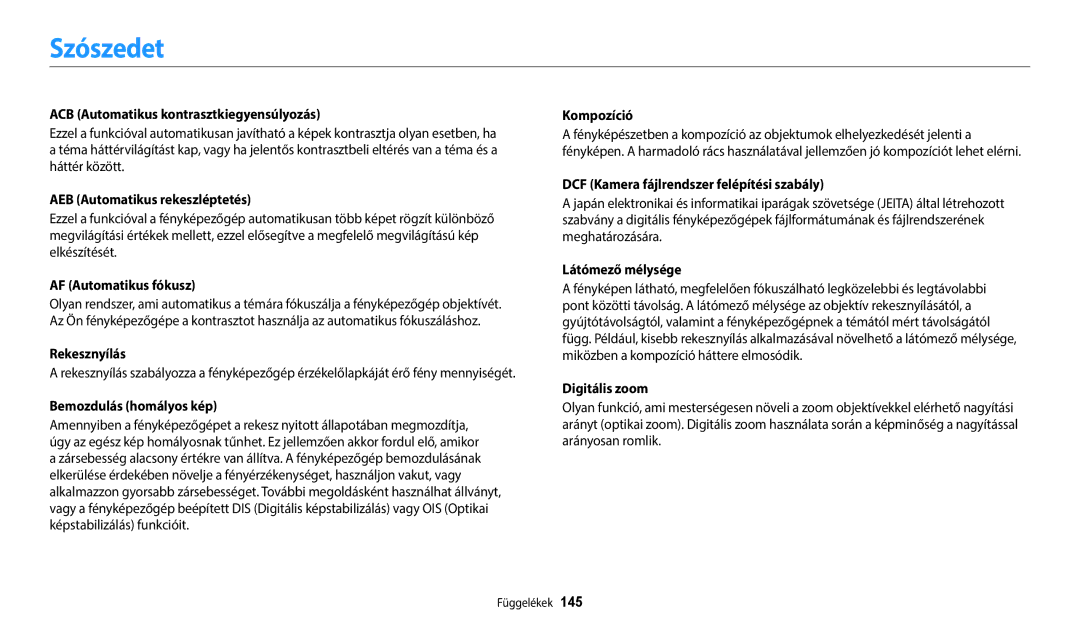 Samsung EC-ST72ZZBPWE3, EC-ST150FBPWE3, EC-ST72ZZBPLE3, EC-ST72ZZBPRE3, EC-ST150FBPSE3, EC-ST72ZZBPBE3 manual Szószedet 