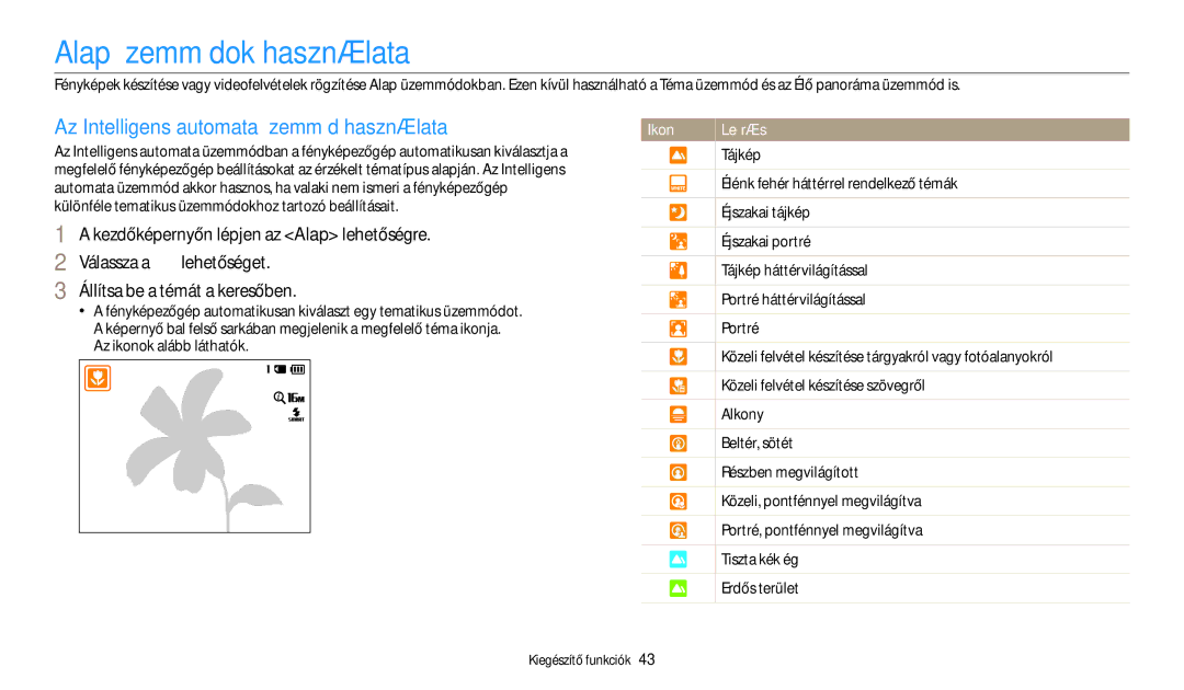 Samsung EC-ST72ZZBPRE3, EC-ST150FBPWE3 manual Alap üzemmódok használata, Az Intelligens automata üzemmód használata 