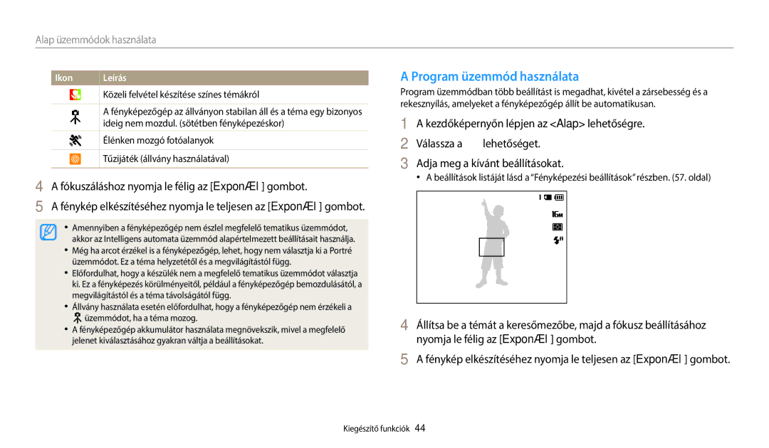 Samsung EC-ST150FBPSE3, EC-ST150FBPWE3 manual Program üzemmód használata, Kezdőképernyőn lépjen az Alap lehetőségre 