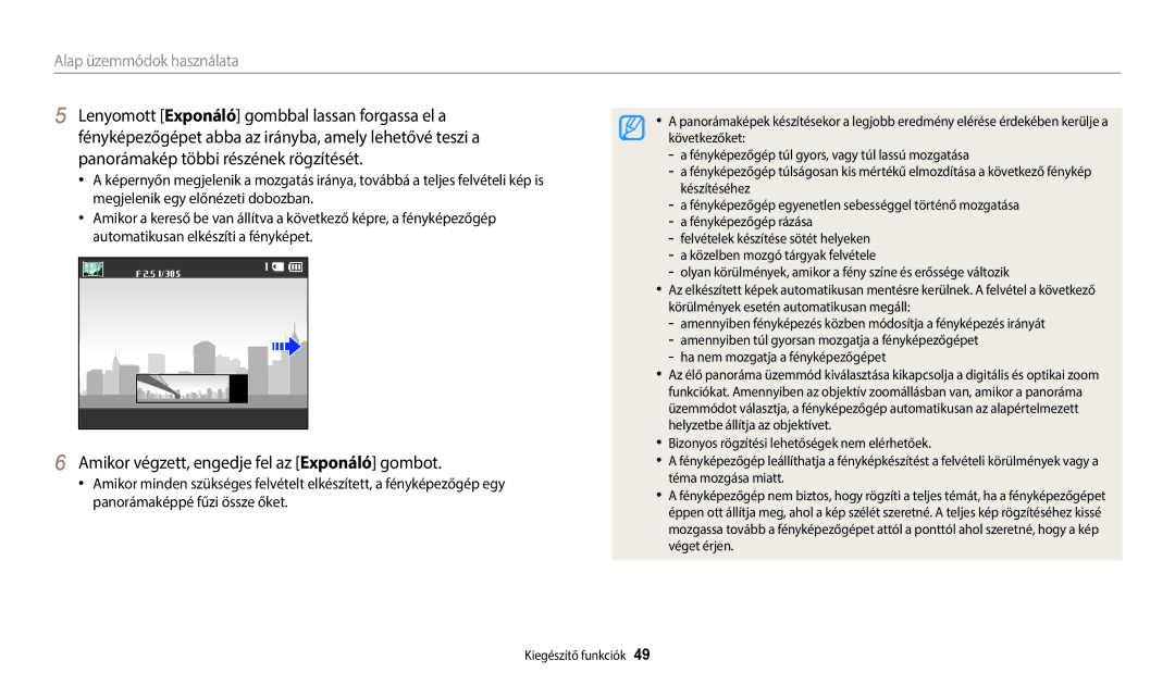 Samsung EC-ST150FBPWE2 manual Lenyomott Exponáló gombbal lassan forgassa el a, Panorámakép többi részének rögzítését 